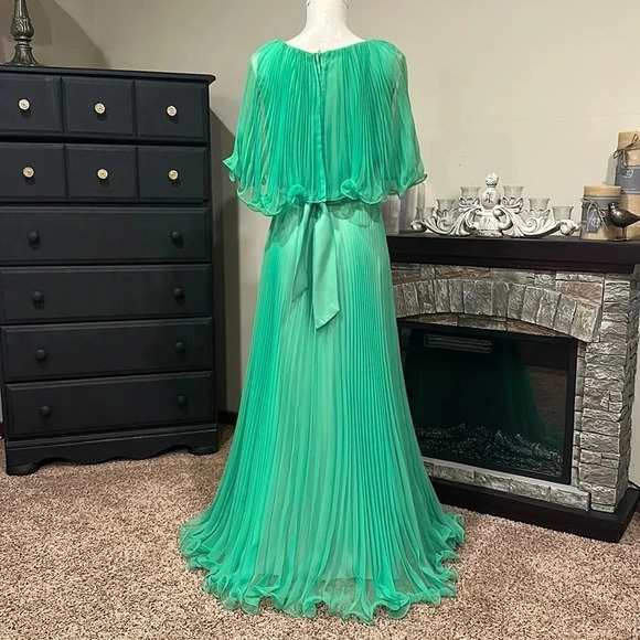 Vintage 70s Spring Green Pleated Chiffon Maxi Dress - Picture 3 of 8
